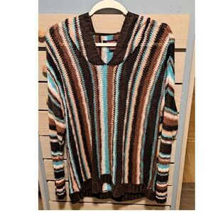 Rock & Roll Denim Women’s Knitted Striped Western Boho Hooded Pullover – Size XL